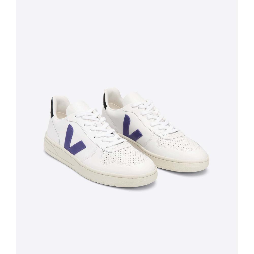 Men's Veja V-10 LEATHER Sneakers White/Purple/Black | ZA 328VRW